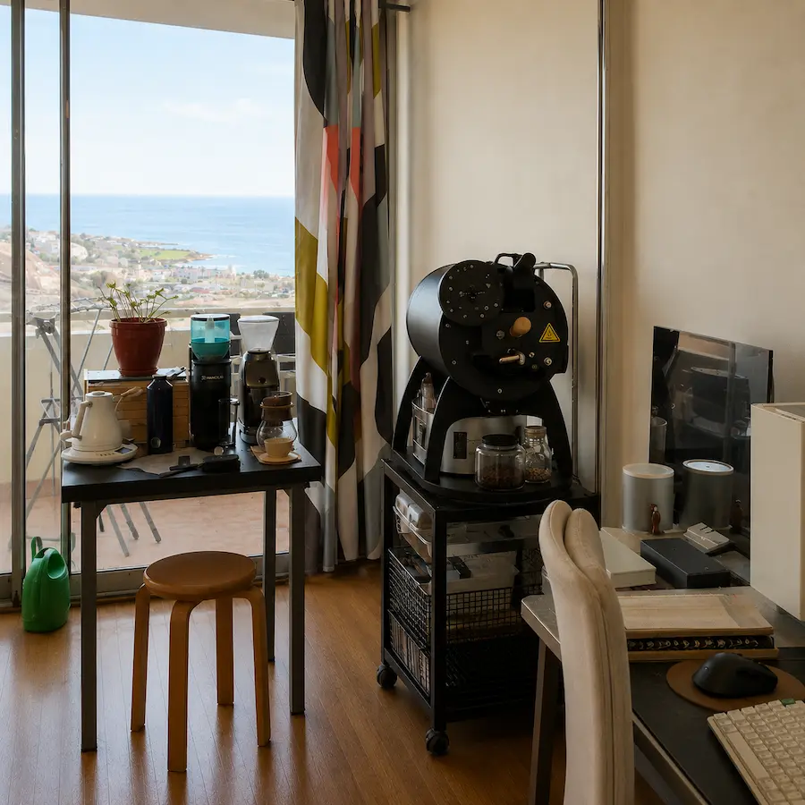 Interior del taller de tostado de PLT Coffee